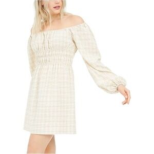 WAYF Gingham Mini Dress Long Sleeve Square Neck Smocked Waist M‎